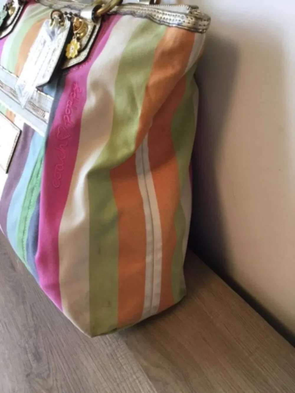 Coach Poppy Heritage Legacy, Multi-colored Striped Canvas Tote Bag w/Sequins - Picture 7 of 16